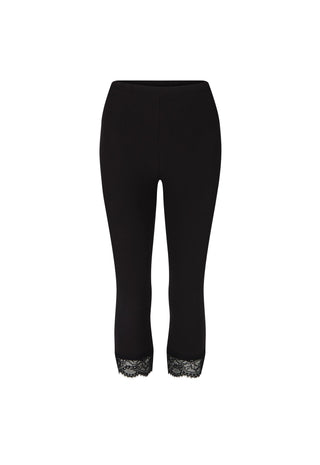 Black cropped leggings with delicate black lace trim at the hem, shown against a plain white background.